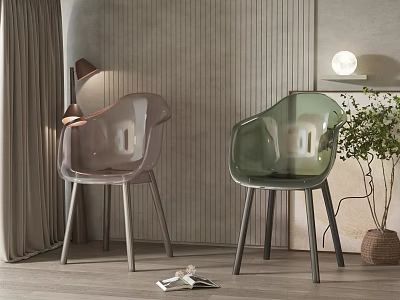 Modern Transparent Pink And Green Dining Chairs With Stylish Design And Indoor Lamp Plants 3d model