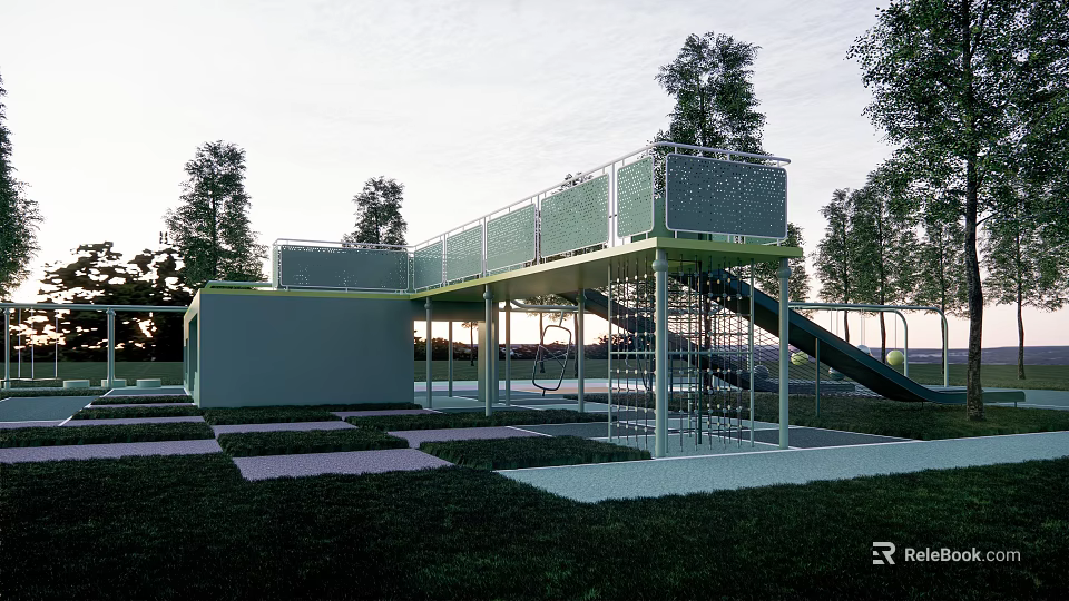 Outdoor Children's Playground With Slide Climbing Frame Green Lawn And Trees In Surrounding Area 3d model 