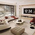 Modern Living Room Interior Featuring White Sofa Red Accent Chair Round Coffee Table TV Wall