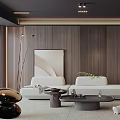 Modern Elegant Living Room Interior With White Sofa Wooden Wall Artwork Coffee Table And Staircase