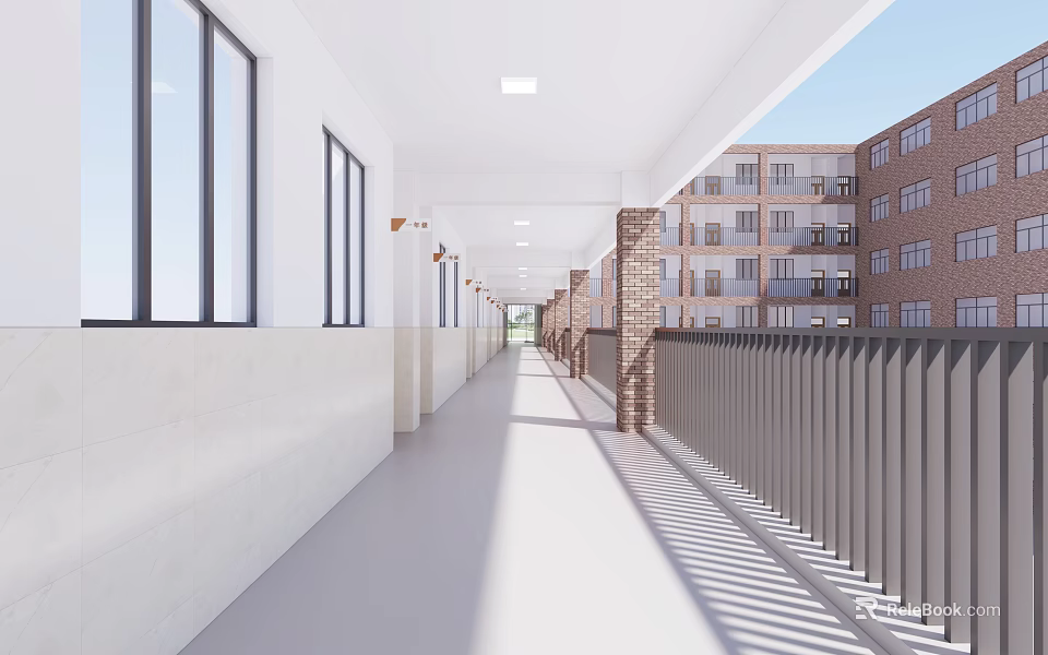 School Corridor With Bright Lighting Brick Walls Large Windows And Railings 3d model 