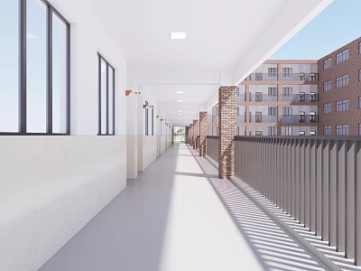 School Corridor With Bright Lighting Brick Walls Large Windows And Railings 3d model
