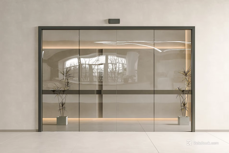 Modern Glass Sliding Door With Black Frame In Interior Design Featuring Decorative Plants 3d model 