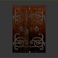 Vintage Wooden Double Doors With Intricate Metal Scrollwork And Handles