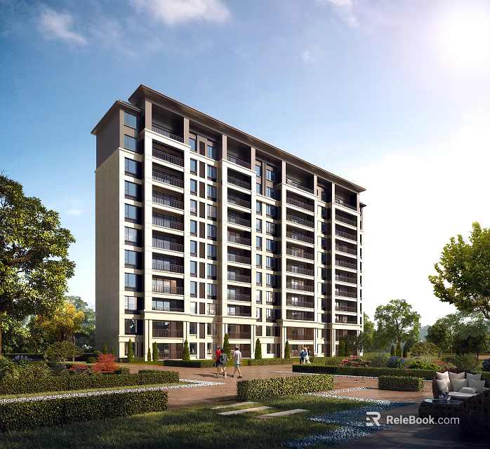 Modern High Rise Residential Building With Landscaped Surroundings And People Walking 3d model 