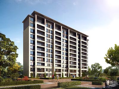 Modern High Rise Residential Building With Landscaped Surroundings And People Walking 3d model