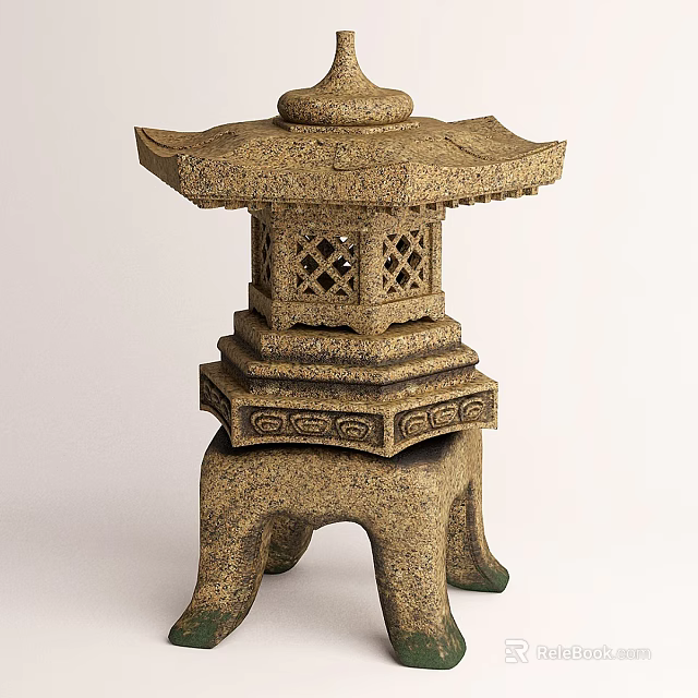 Traditional Stone Lantern With Multi Layered Structure And Lattice Panels On Three Legged Base 3d model