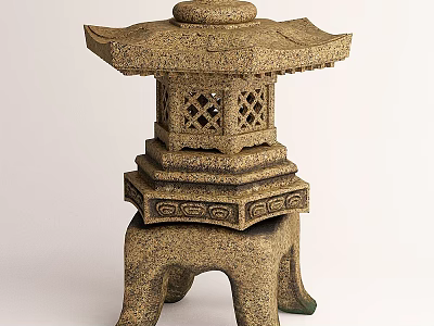 Traditional Stone Lantern With Multi Layered Structure And Lattice Panels On Three Legged Base 3d model