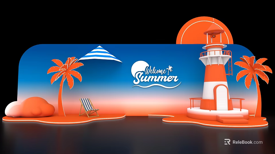 Vibrant Summer Photo Spot With Lighthouse Palm Tree Beach Chair And Umbrella 3d model 