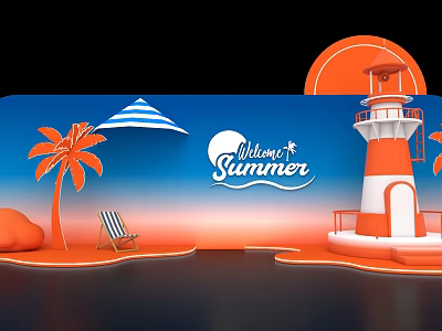 Vibrant Summer Photo Spot With Lighthouse Palm Tree Beach Chair And Umbrella 3d model