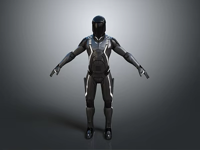 Futuristic Game and Movie Character in Black Combat Suit With White Lines 3d model