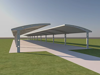 Modern Carport Structure With Curved Roof And Steel Pillars On Green Grass 3d model