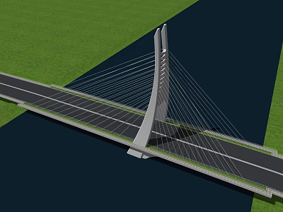 Modern Cable Stayed Bridge With Tall Tower Road Deck Over Green Grass And Dark Water 3d model