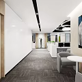 Modern Public Office Space Featuring Wooden Bookshelves Gray Carpet White Desks Green Plants And Circular Lights
