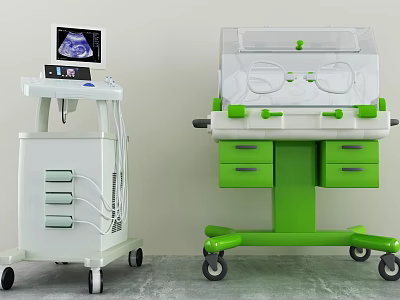 Medical Equipment Ultrasound Device And Baby Incubator With Wheeled Carts Green Design And Display Screen 3d model