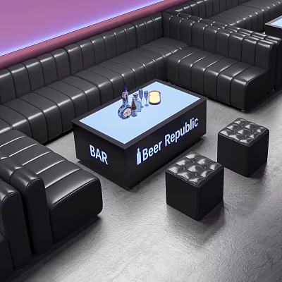 Black Leather Sofa and Coffee Table Set Bar with Beer Republic Bottles Glasses and Stools 3d model