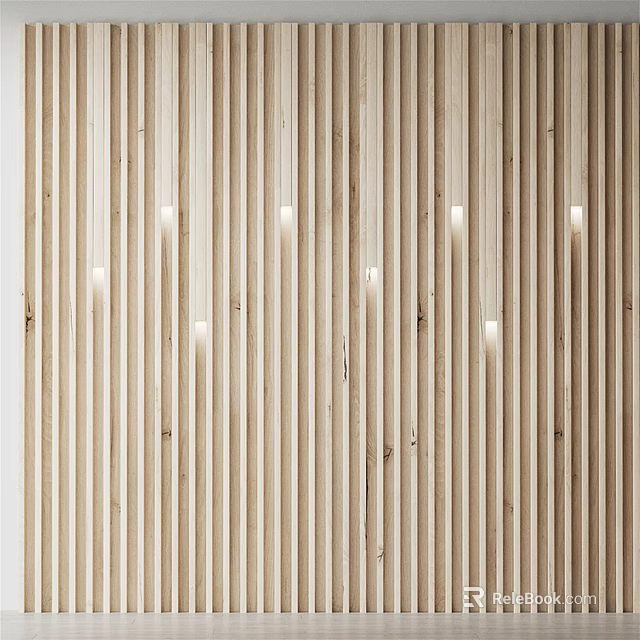 Modern Sofa Background Wall Featuring Wooden Vertical Slats and Recessed Lighting 3d model 