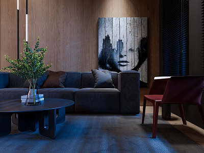 Modern Dark Grey Sofa And Round Coffee Table Set With Green Plant And Wall Art 3d model