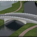 Scenic Arch Bridge Featuring White Railing Spanning River With Lush Greenery Pedestrians And Vehicles