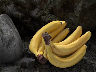 Fresh Yellow Bananas Placed With Stones On Dark Rock Texture Surface 3d model
