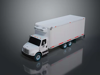 White Box Truck With Long Cargo Container And Blue Wheels On Dark Surface 3d model