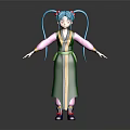 3D Anime Character With Blue Twin Ponytails Green Robe Yellow Stripes And Pink Sleeves