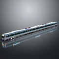 Modern Blue and White Streamlined Train with Reflection on Gray Background