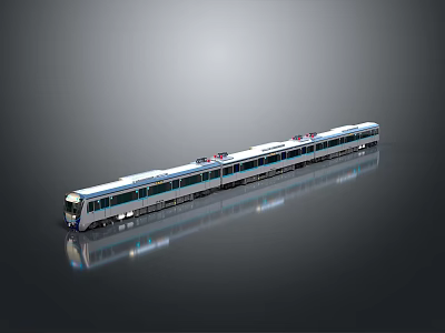 Modern Blue and White Streamlined Train with Reflection on Gray Background 3d model