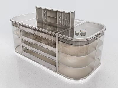 Modern Transparent Display Cabinet With Metal Frame Multiple Shelves And Drawers 3d model