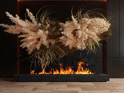 Modern Fireplace Interior With Dried Flowers And Flaming Decorative Design 3d model