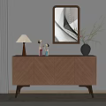 Walnut Wood Entryway Console Cabinet With Decorative Table Lamp Vase And Mirror