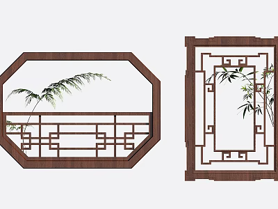 Traditional Carved Windows With Wooden Frame Classic Patterns And Bamboo Background 3d model