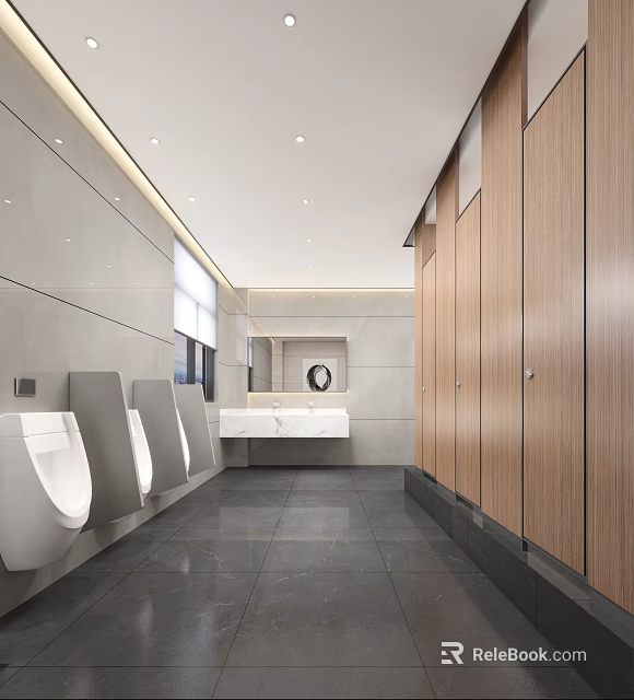 Modern Public Restroom Interior With Urinals Wooden Stalls And Marble Sink 3d model 