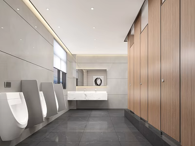 Modern Public Restroom Interior With Urinals Wooden Stalls And Marble Sink 3d model