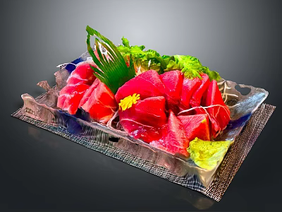 Fresh Red Sashimi on Transparent Square Plate with Green Garnish Yellow Flower and Side Dishes 3d model