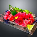 Fresh Red Sashimi on Transparent Square Plate with Green Garnish Yellow Flower and Side Dishes