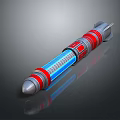 Military Missile Weapon with Red Silver Casing Blue Glowing Section Cylindrical Pointed Tip Rear Thruster