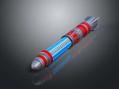 Military Missile Weapon with Red Silver Casing Blue Glowing Section Cylindrical Pointed Tip Rear Thruster 3d model