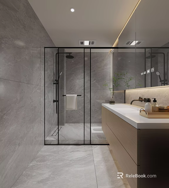 Modern Minimalist Grey Marble Bathroom Interior With Black Framed Glass Shower Enclosure And Wood Vanity 3d model 