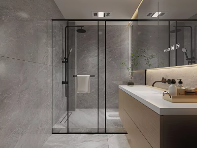 Modern Minimalist Grey Marble Bathroom Interior With Black Framed Glass Shower Enclosure And Wood Vanity 3d model