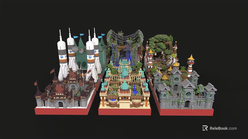 Vibrant Cartoon Scenery Featuring Various Buildings Rocket Spires Green Plants And Decorative Designs 3d model 