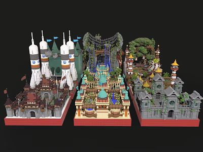 Vibrant Cartoon Scenery Featuring Various Buildings Rocket Spires Green Plants And Decorative Designs 3d model