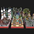 Vibrant Cartoon Scenery Featuring Various Buildings Rocket Spires Green Plants And Decorative Designs