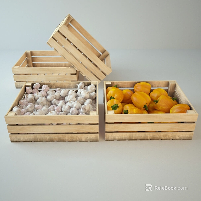 Fresh Garlic and Yellow Bell Peppers in Wooden Crates with Open Lid 3d model 