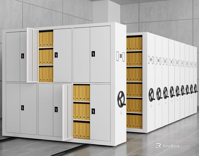 White Lockable Bookcases With Yellow Folders Neatly Arranged In Modern Interior 3d model 