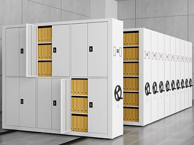 White Lockable Bookcases With Yellow Folders Neatly Arranged In Modern Interior 3d model