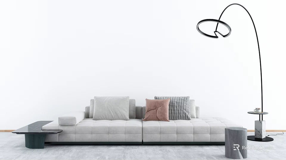 Light Gray Sectional Sofa With Pink Checkered Cushions Modern Pendant Light And Side Table 3d model