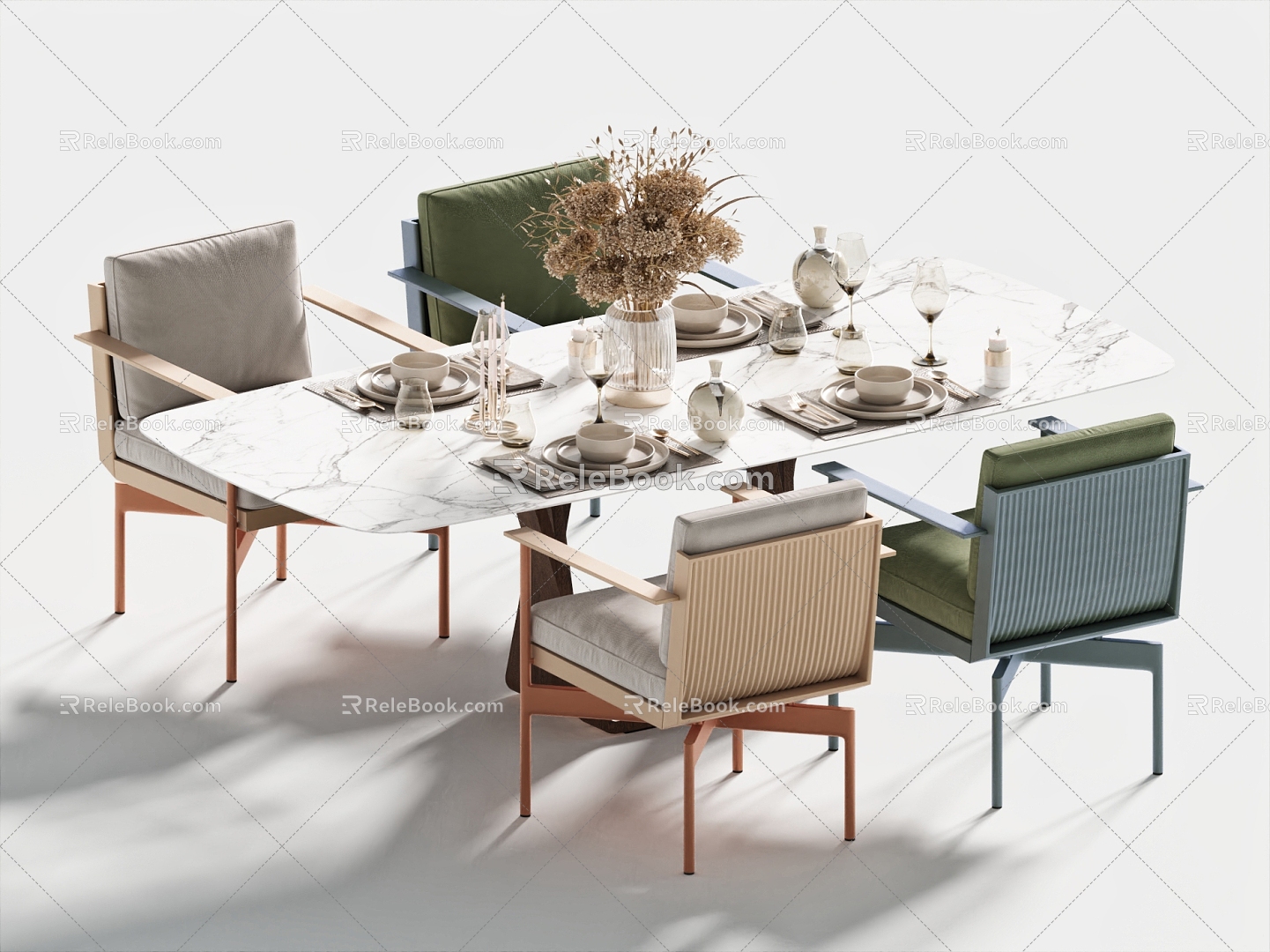 Modern Dining Table and Chair Dining Table Dining Chair Single Chair Tableware Floral Art model