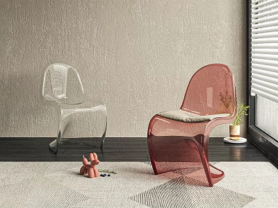 Modern Transparent And Red Leisure Chairs In Stylish Interior With Textured Wall And Window 3d model