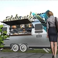 Charming Garden Decor With Metallic Snacks Food Truck Green Plants And Stone Pavement